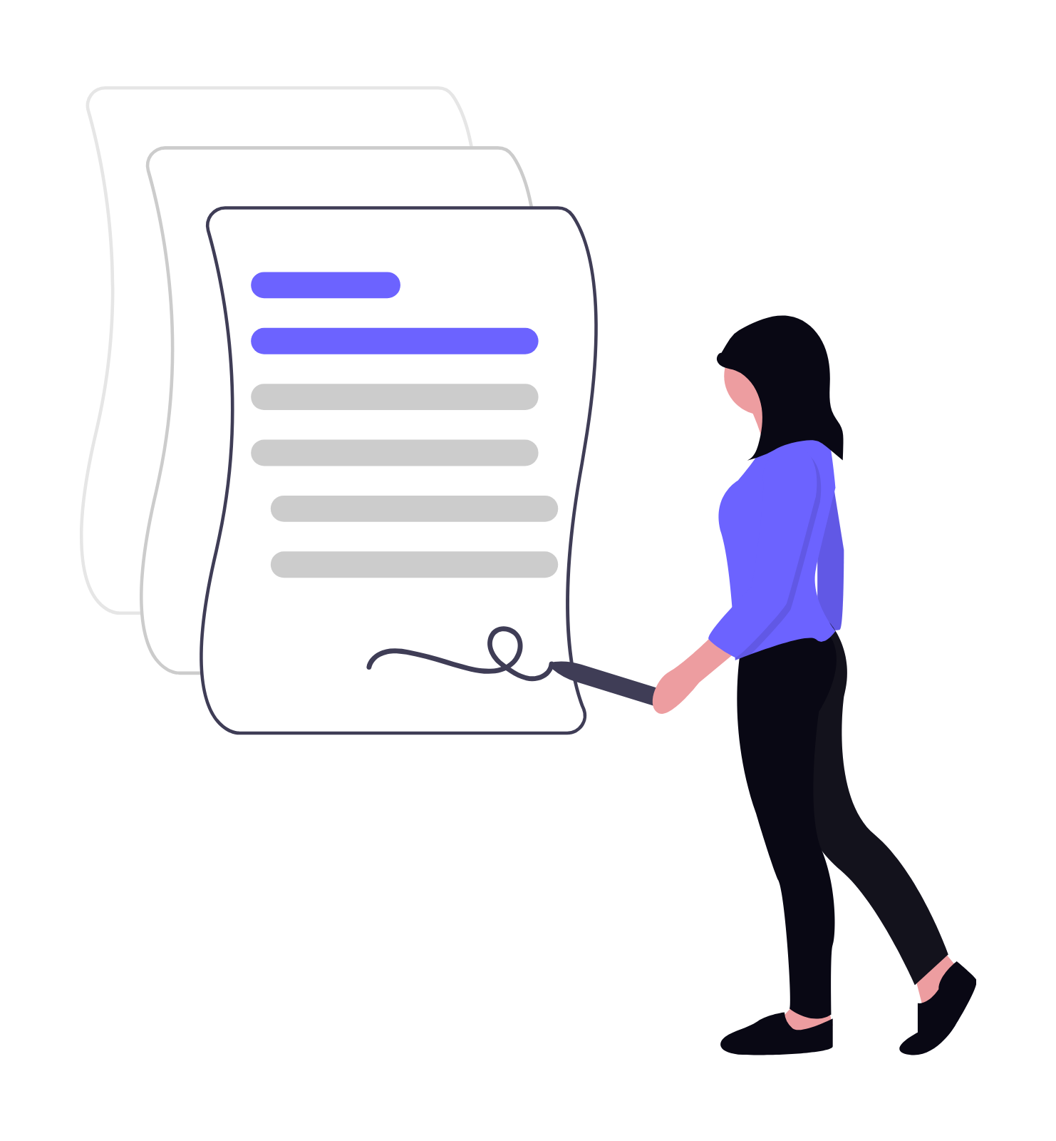 Flat Minimalist Illustration Of Woman Signing A Document