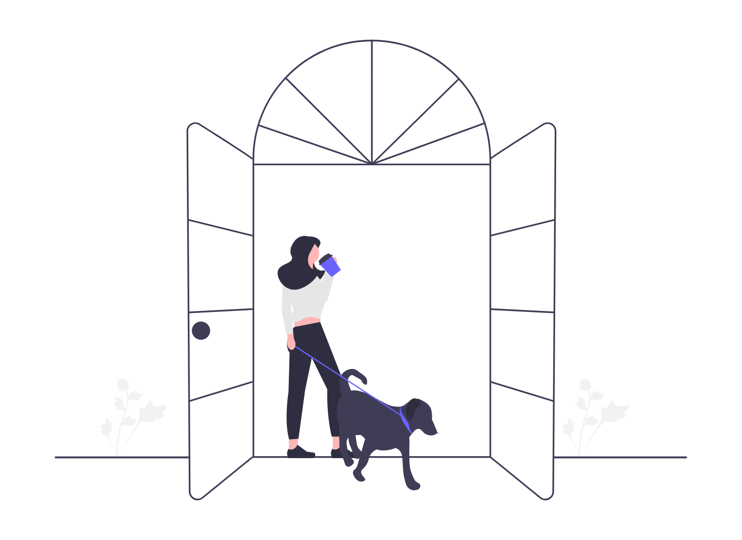 Flat Minimalist Illustration Of Woman Walking Dog Out Door