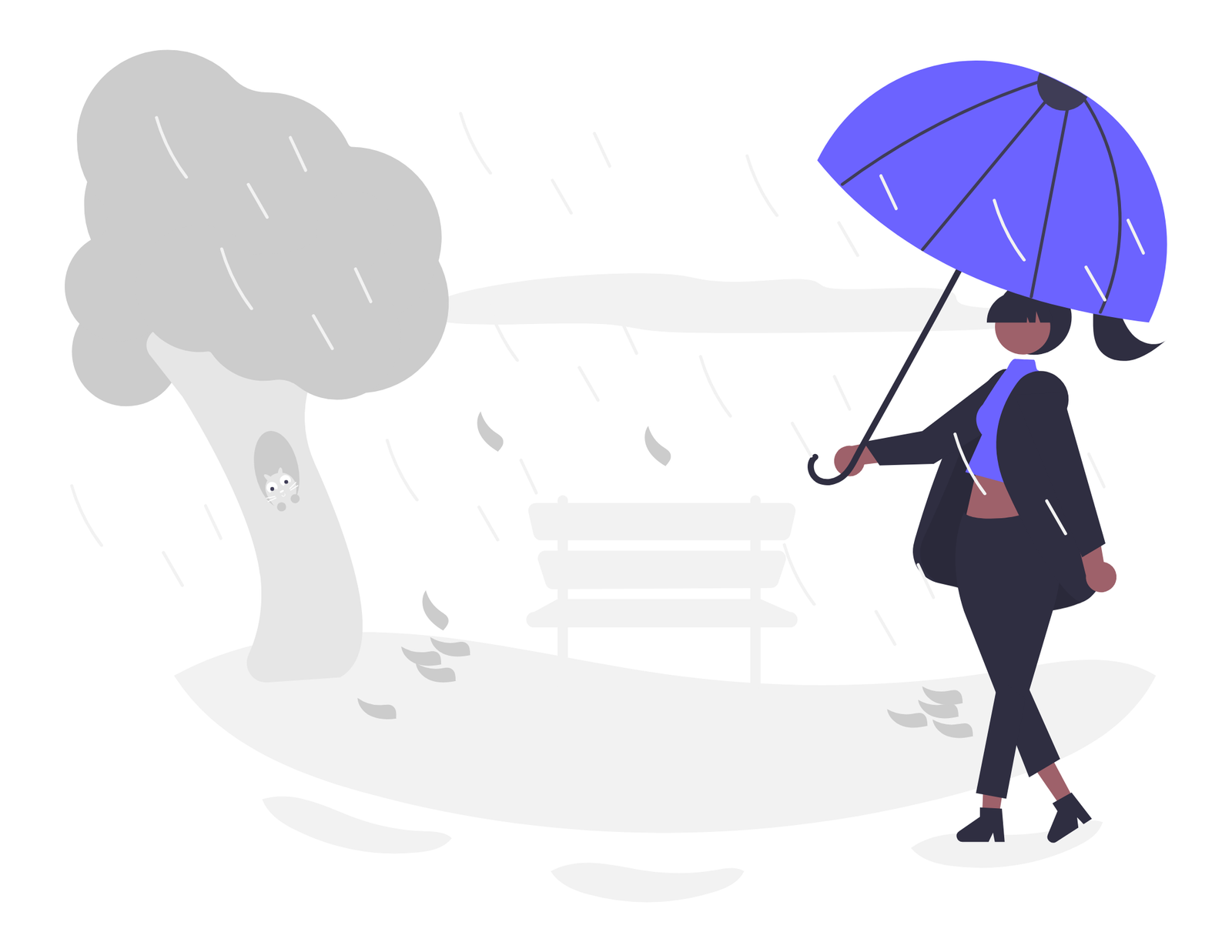 Flat Minimalist Illustration Of Woman Walking With Umbrella In Rainy Park