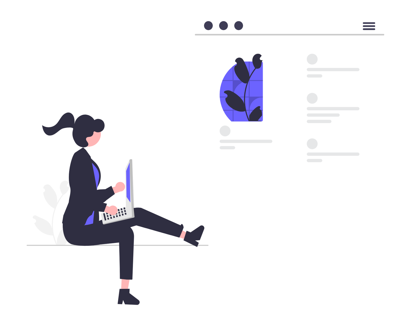 Flat Minimalist Illustration Of Woman Working On Laptop With Website