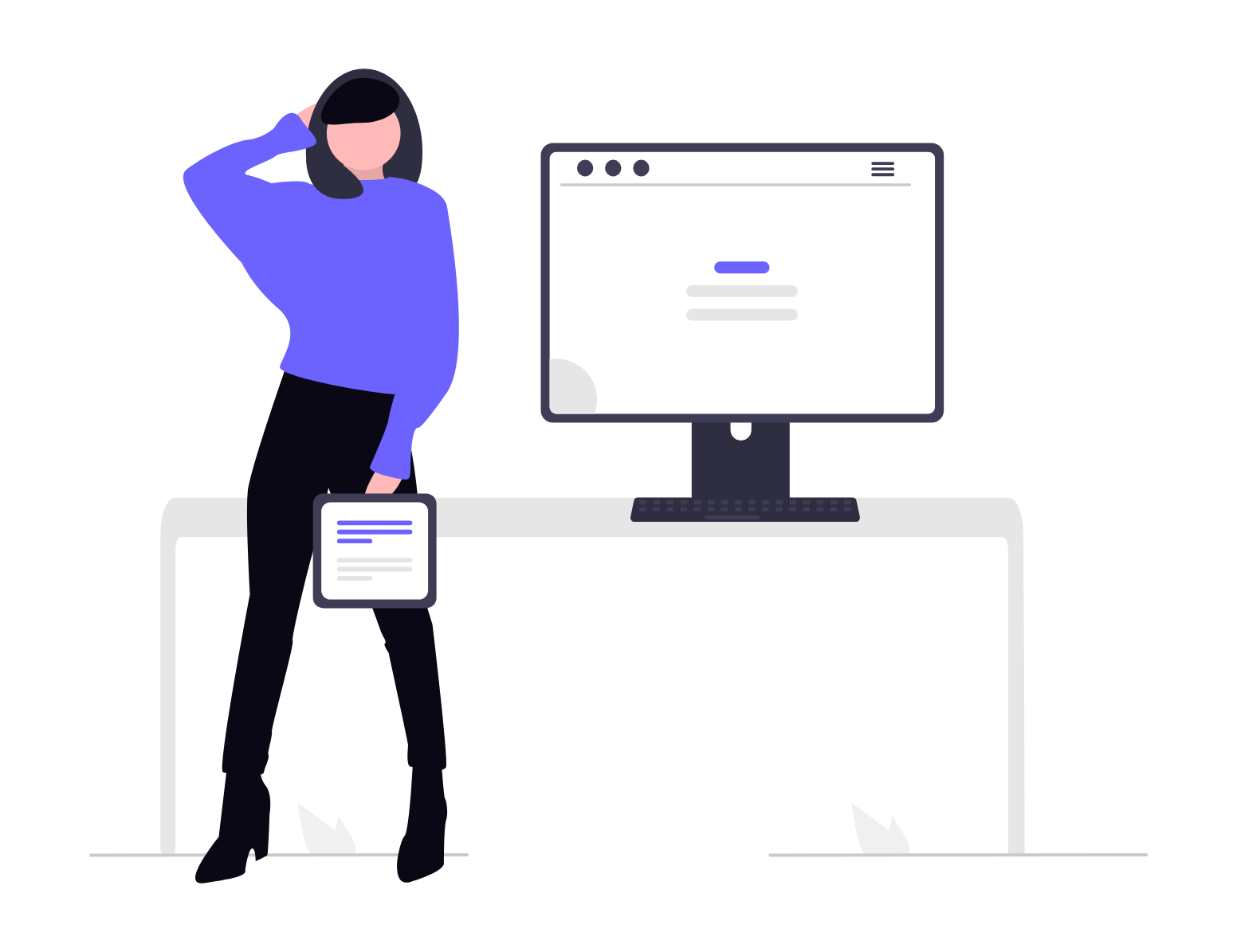 Flat Minimalist Illustration Of Woman With Tablet And Computer At Desk