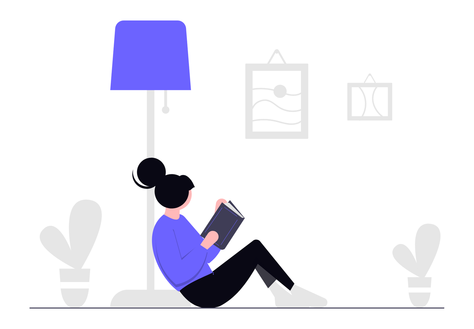 Flat Minimalist Illustration Of A Woman Reading A Book At Home