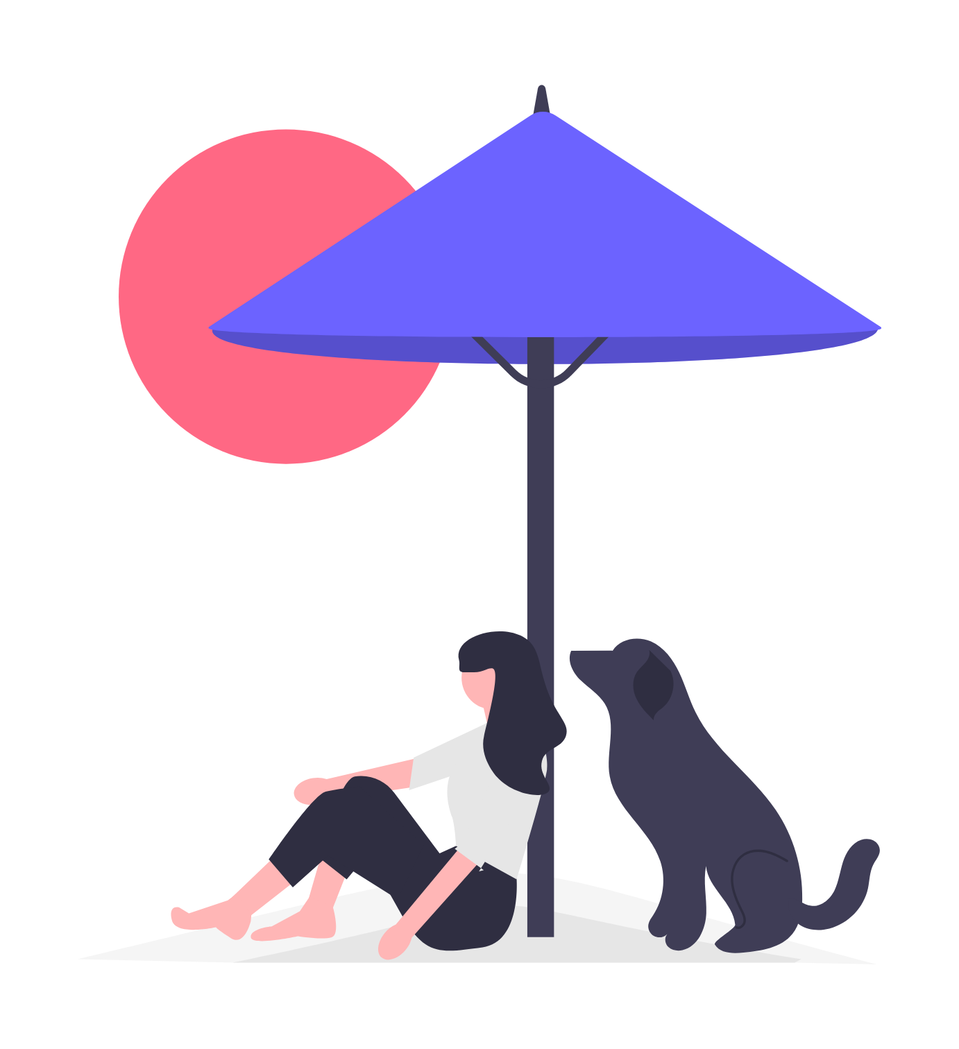 Flat Minimalist Illustration Of A Woman And Dog Relaxing Under Umbrella