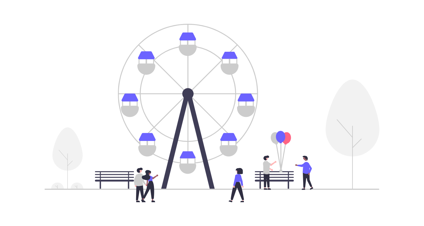 Flat Minimalist Illustration Of An Amusement Park With Ferris Wheel And People