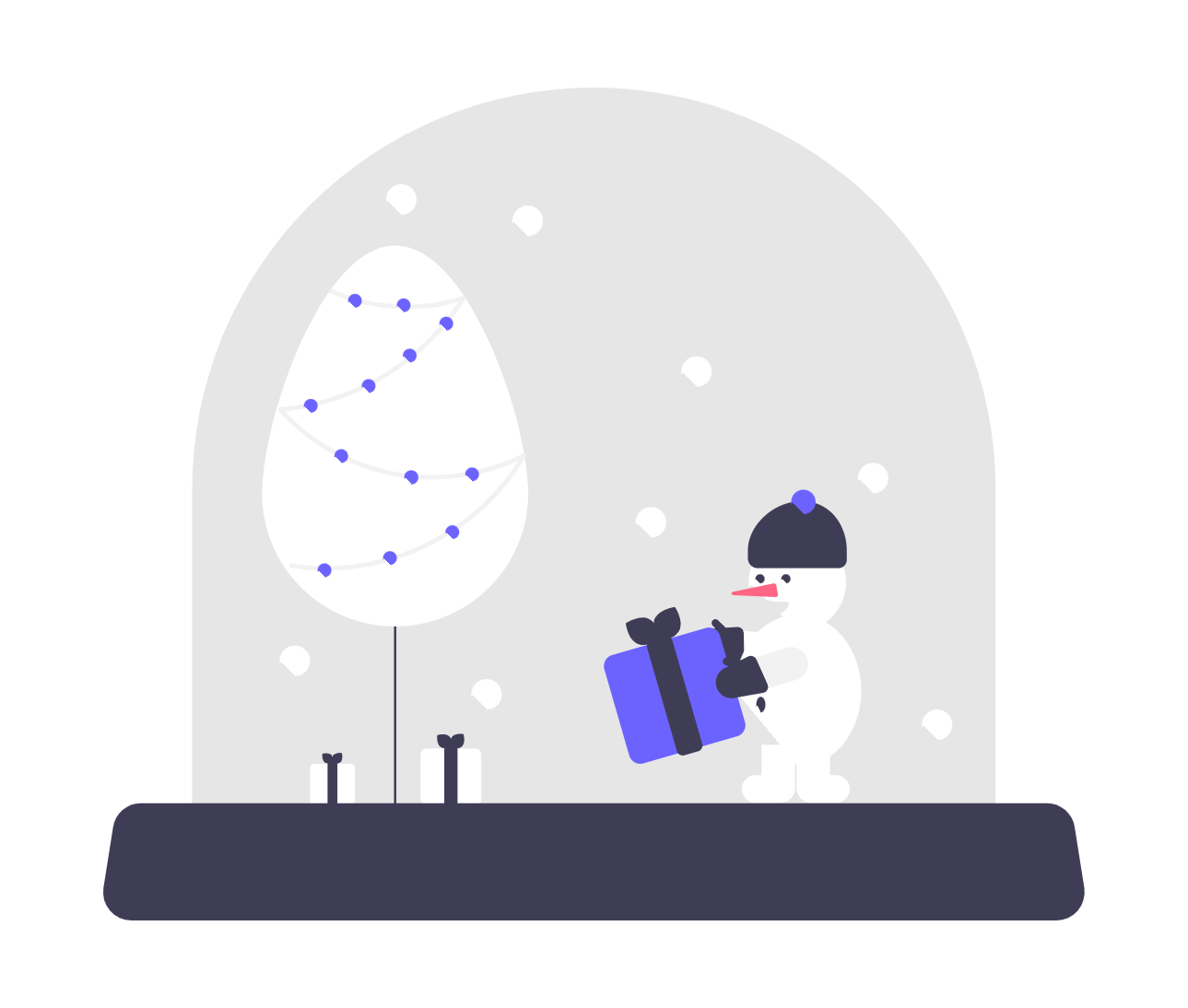 Flat Minimalist Snow Globe Illustration With Snowman And Christmas Tree