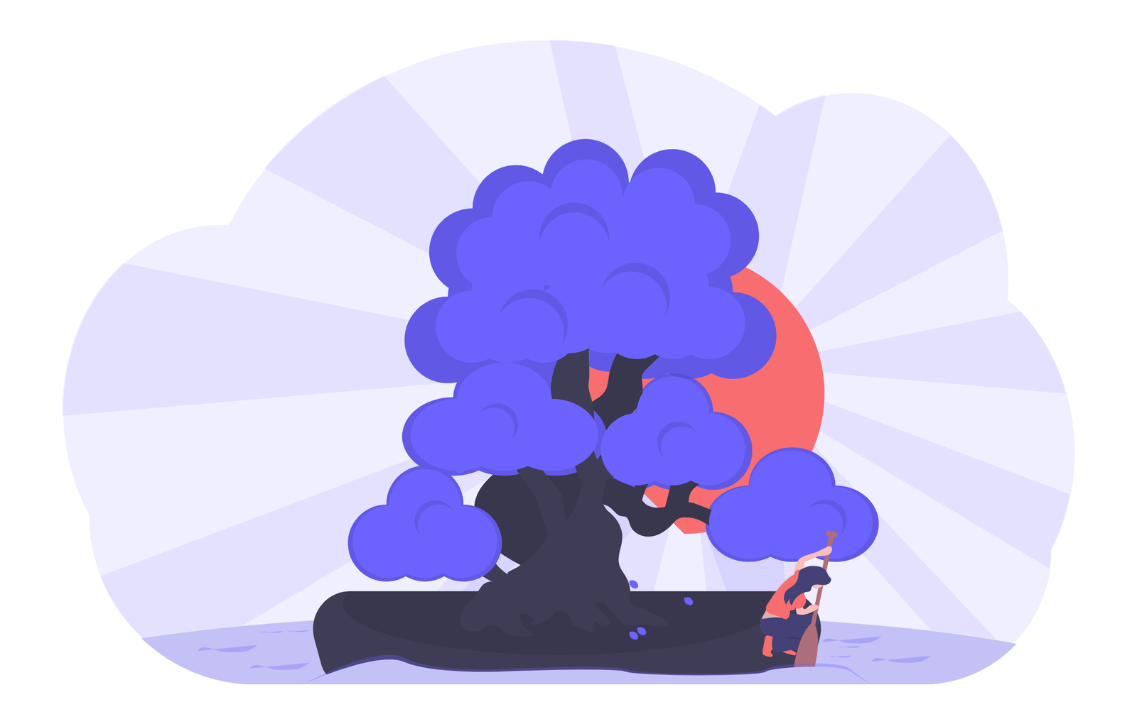 Flat Illustration Of A Person Rowing A Boat Near A Mystical Tree At Sunset
