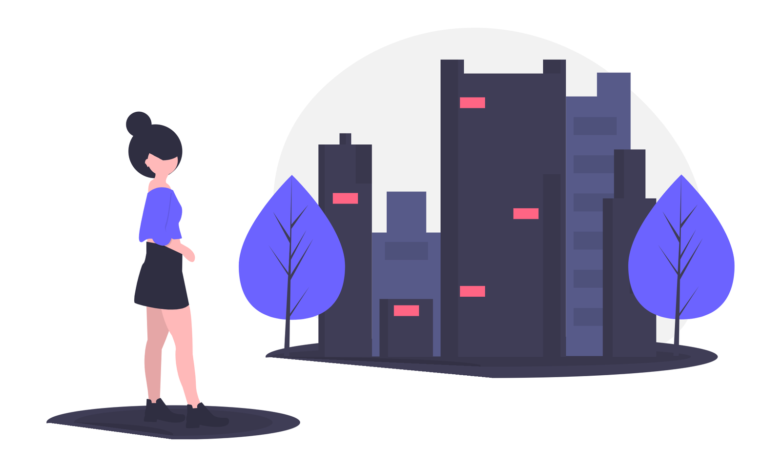 Flat Minimalist Illustration Of A Woman In An Urban City Scene