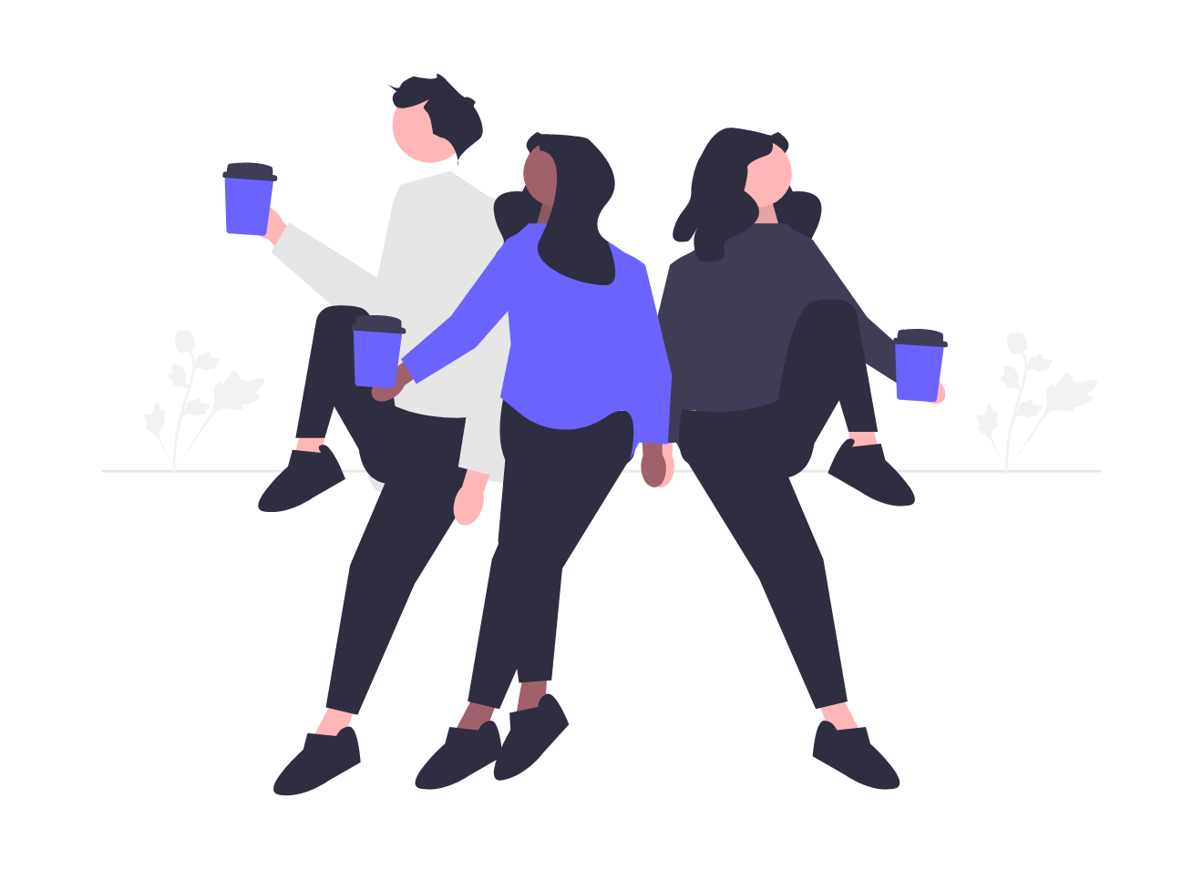 Flat Minimalist Illustration Of Diverse People Sitting And Having Coffee