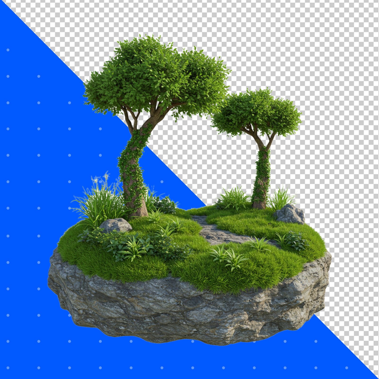 Floating Island With Two Lush Trees And A Path PNG Transparent Background