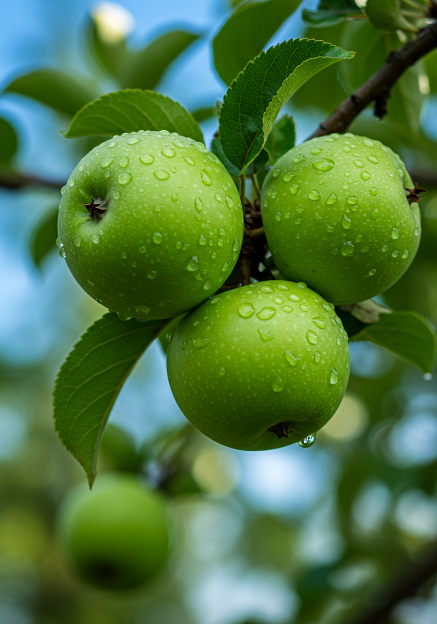 Fresh Green Apples With Dew Drops On Branch After Rain