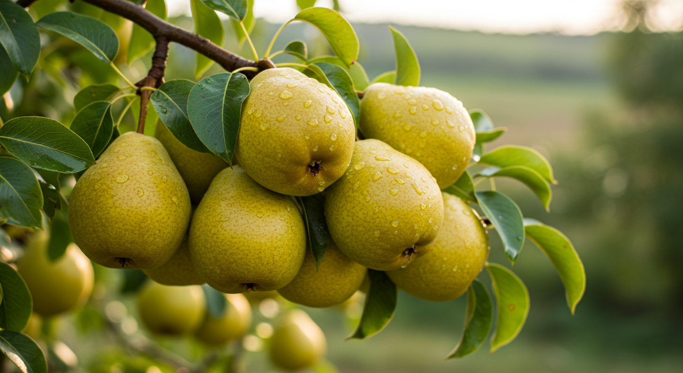 Fresh Green Pears With Dewdrops On Branch In Orchard