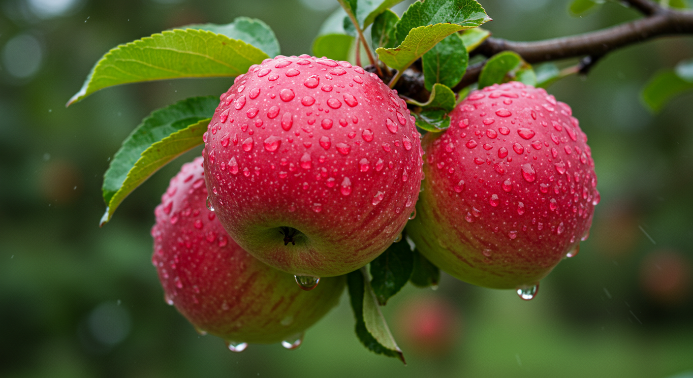 Fresh Red Apples With Raindrops On Branch In Orchard
