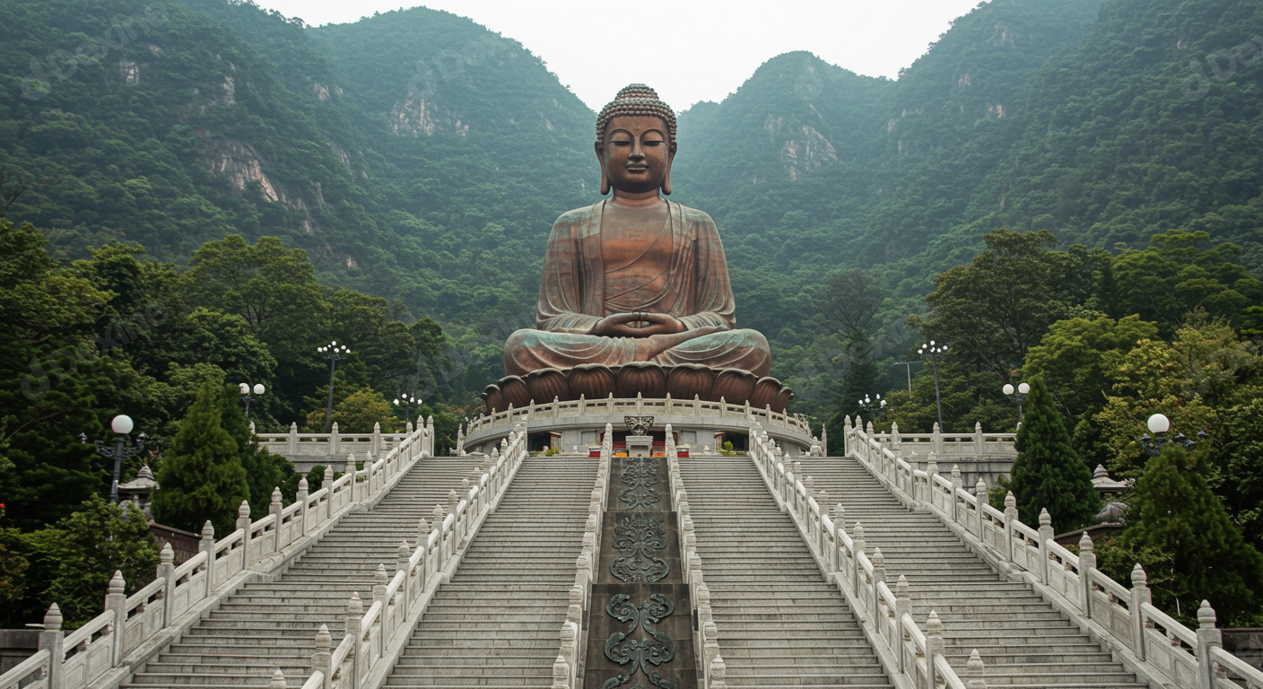 Giant Buddha Statue At Temple Atop Grand Staircase In Mountains