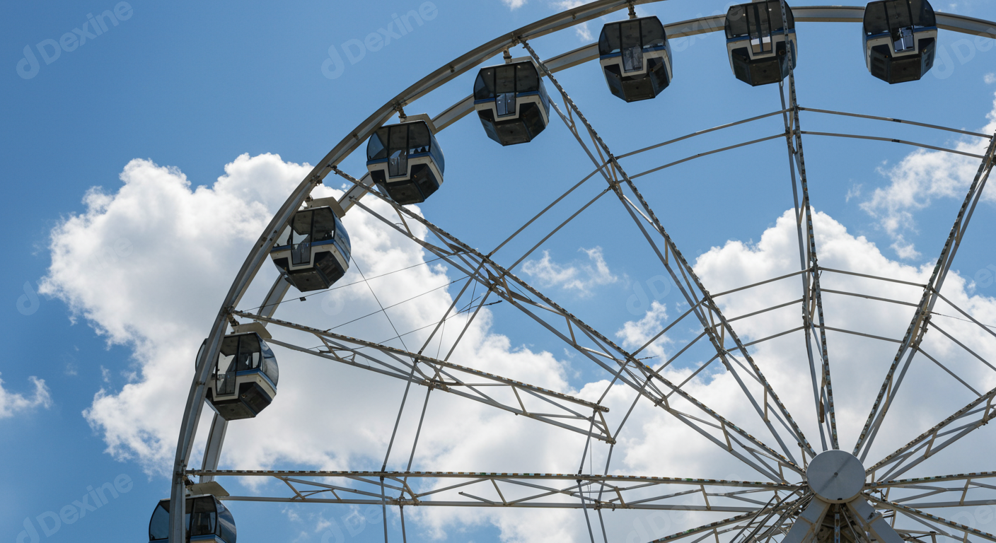 Giant Ferris Wheel Against A Sunny Blue Sky With Fluffy Clouds
