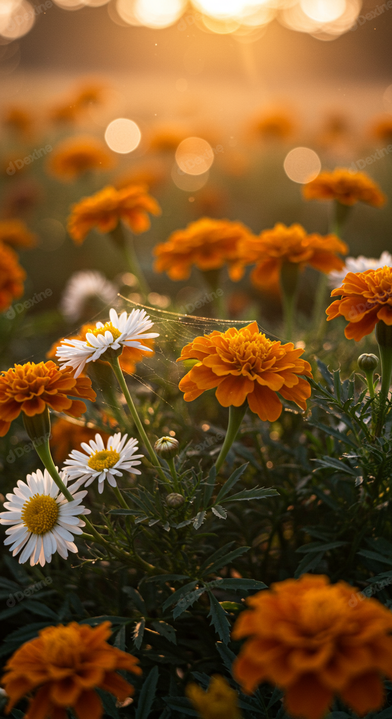 Golden Hour Glow On Vibrant Marigolds And Daisies With Spiderweb