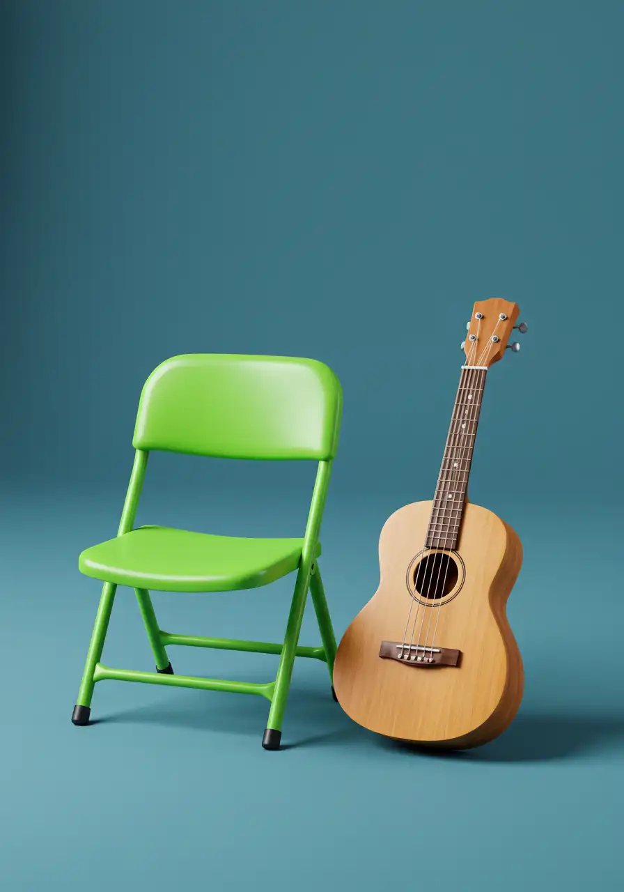 Guitar And Green Chair On A Blue Background