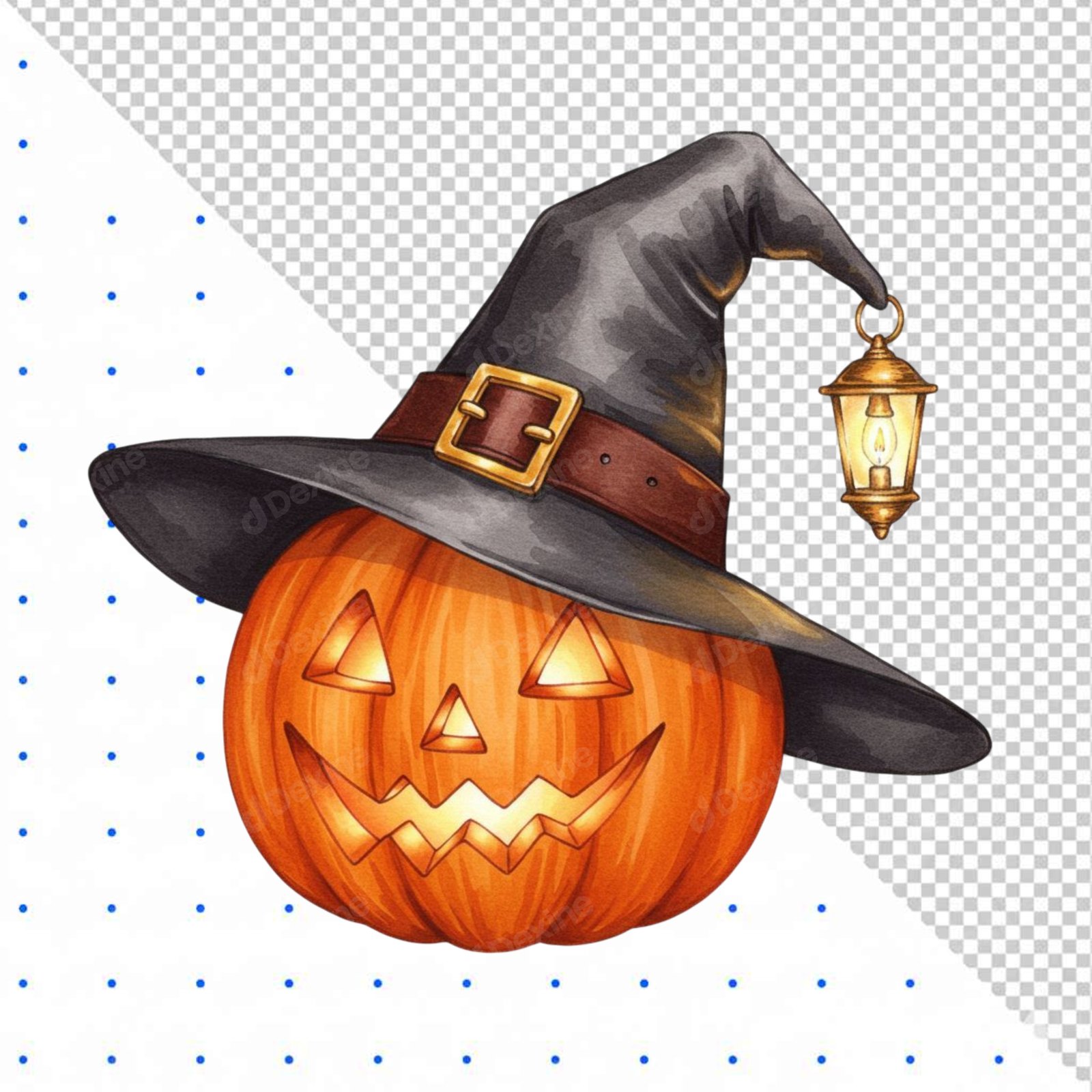 Hand Drawn Watercolor Halloween Jack O Lantern Witch Hat Cutout PNG