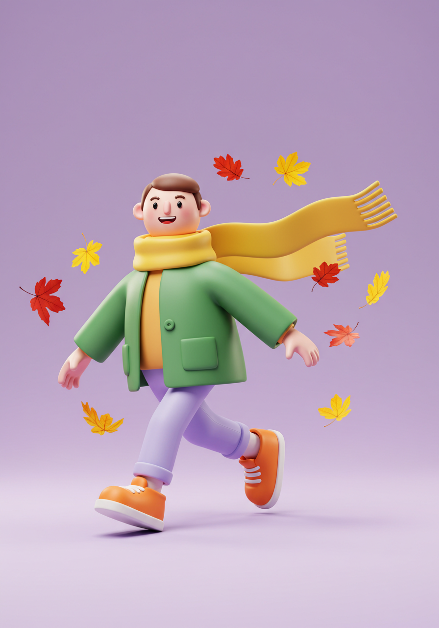 Happy 3D Cartoon Man Walking With Autumn Leaves