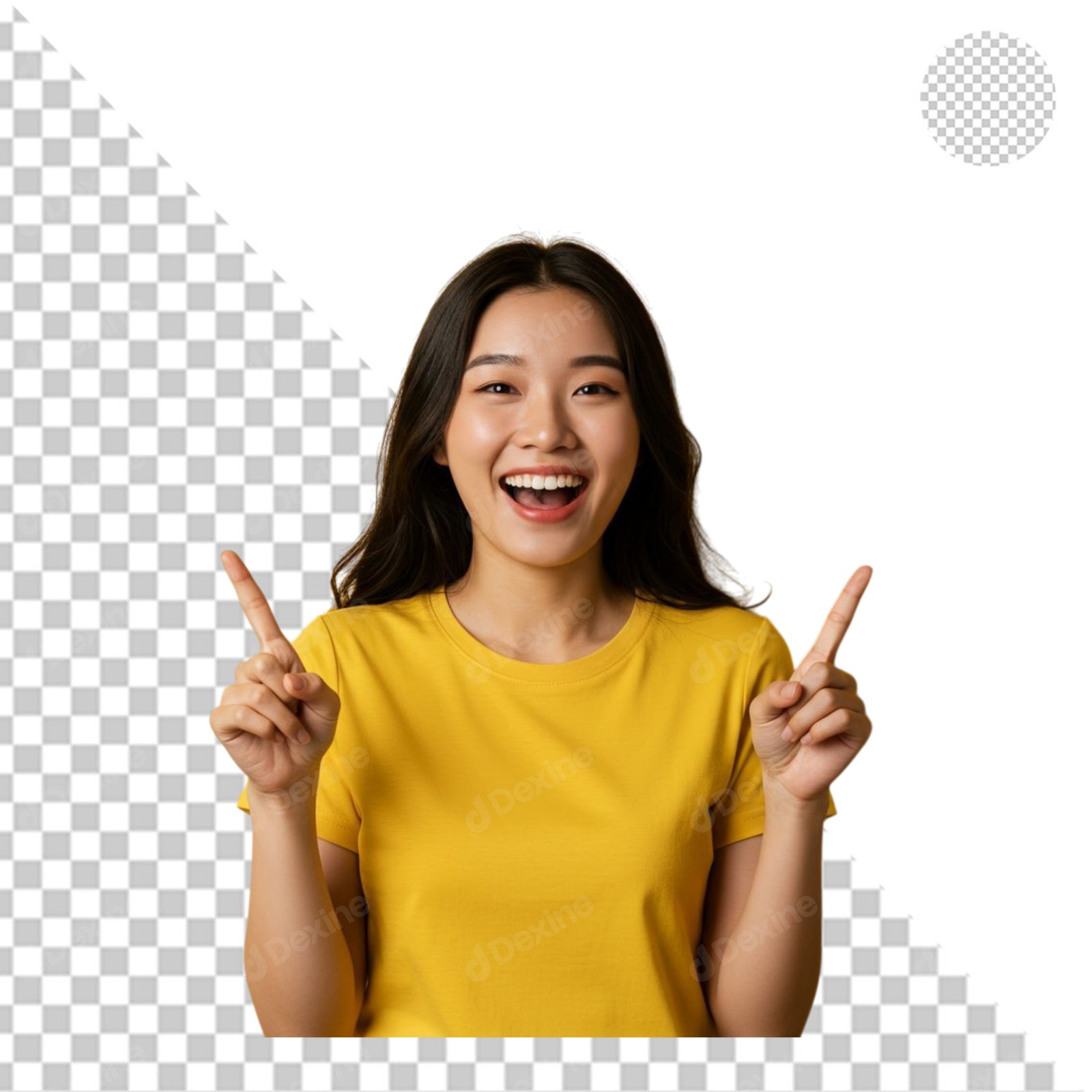 Happy Asian Woman Laughing Pointing Upwards Isolated Transparent PNG