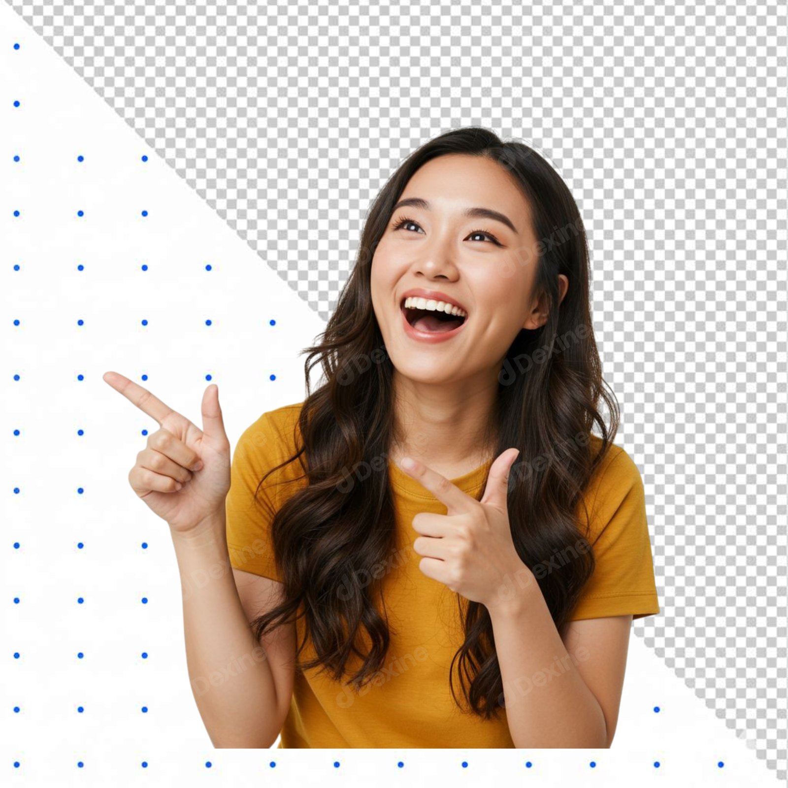 Happy Asian Woman Pointing Fingers Upward Isolated On Transparent Background