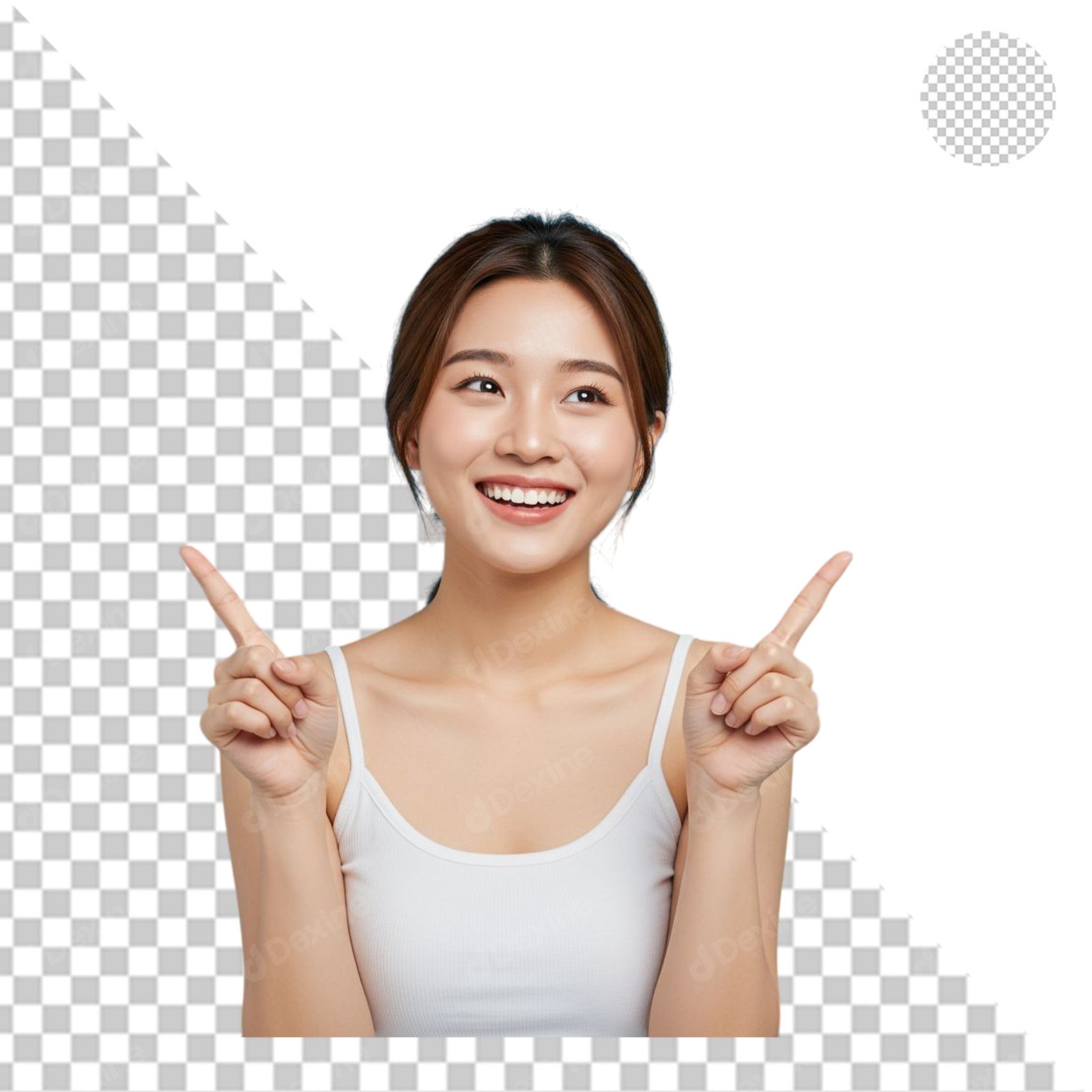 Happy Asian Woman Pointing Upwards Smiling Transparent PNG Cutout