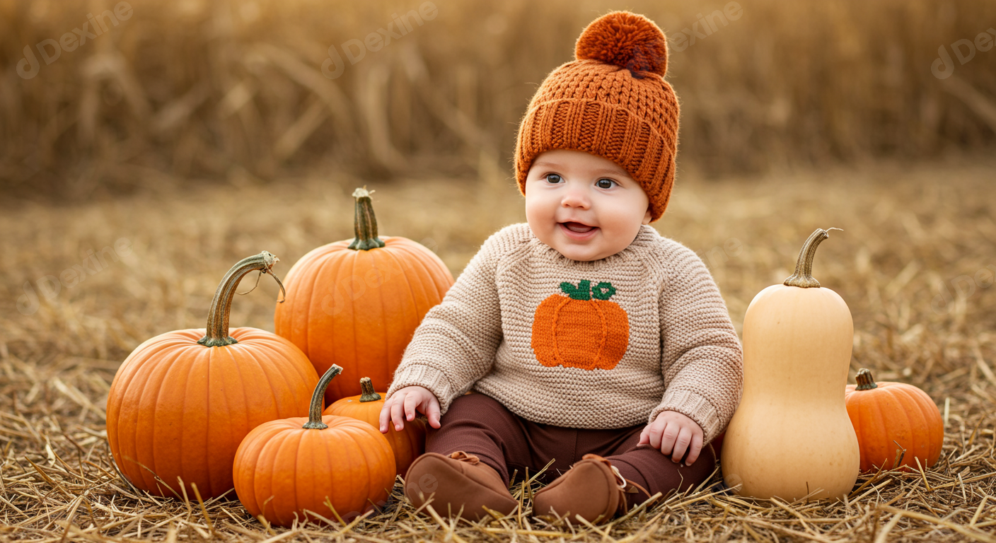 Happy Baby Sitting Among Autumn Pumpkins In A Harvest Field