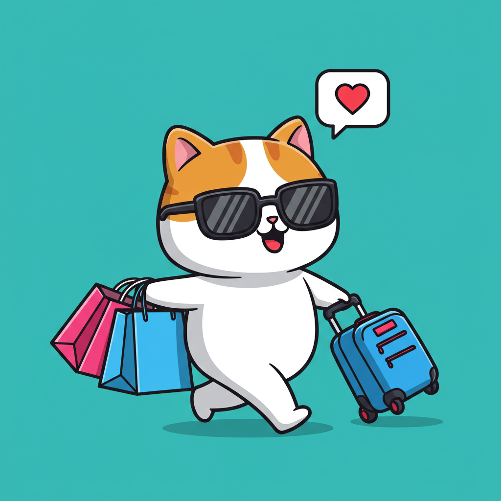 Happy Cartoon Cat With Sunglasses Shopping Bags And Travel Suitcase