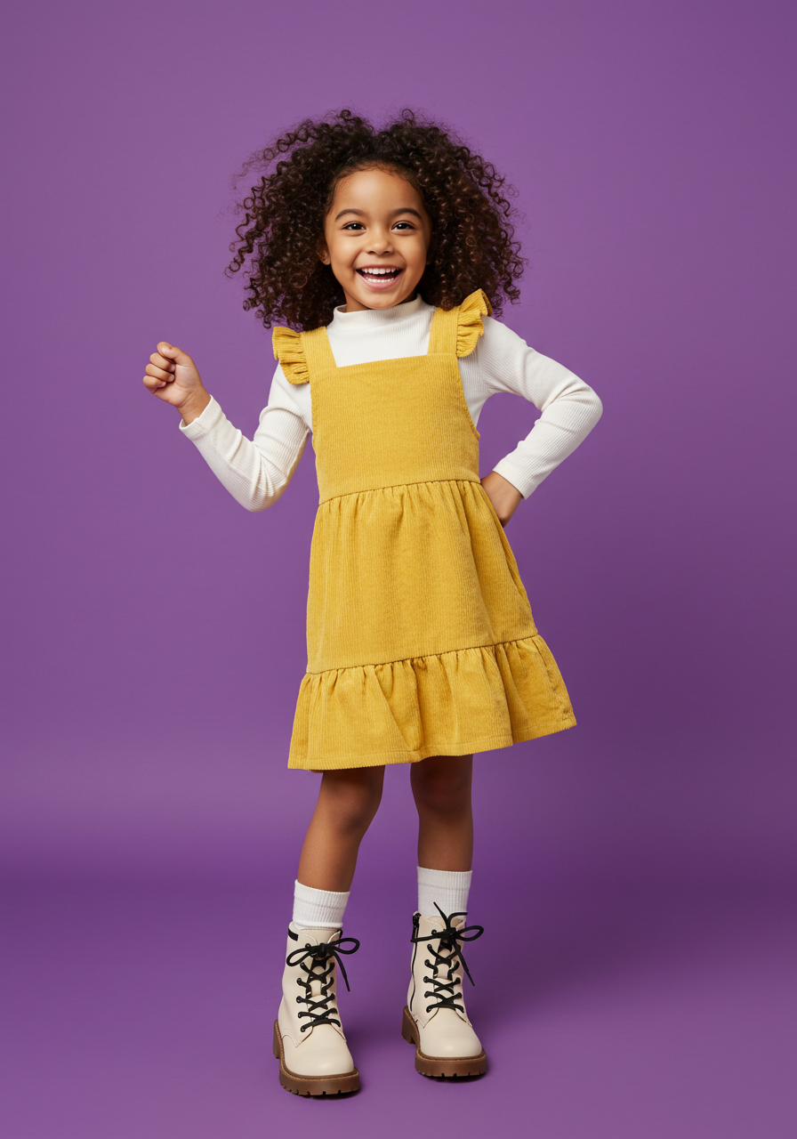 Happy Cute Little Girl With Curly Hair Posing On Purple Background