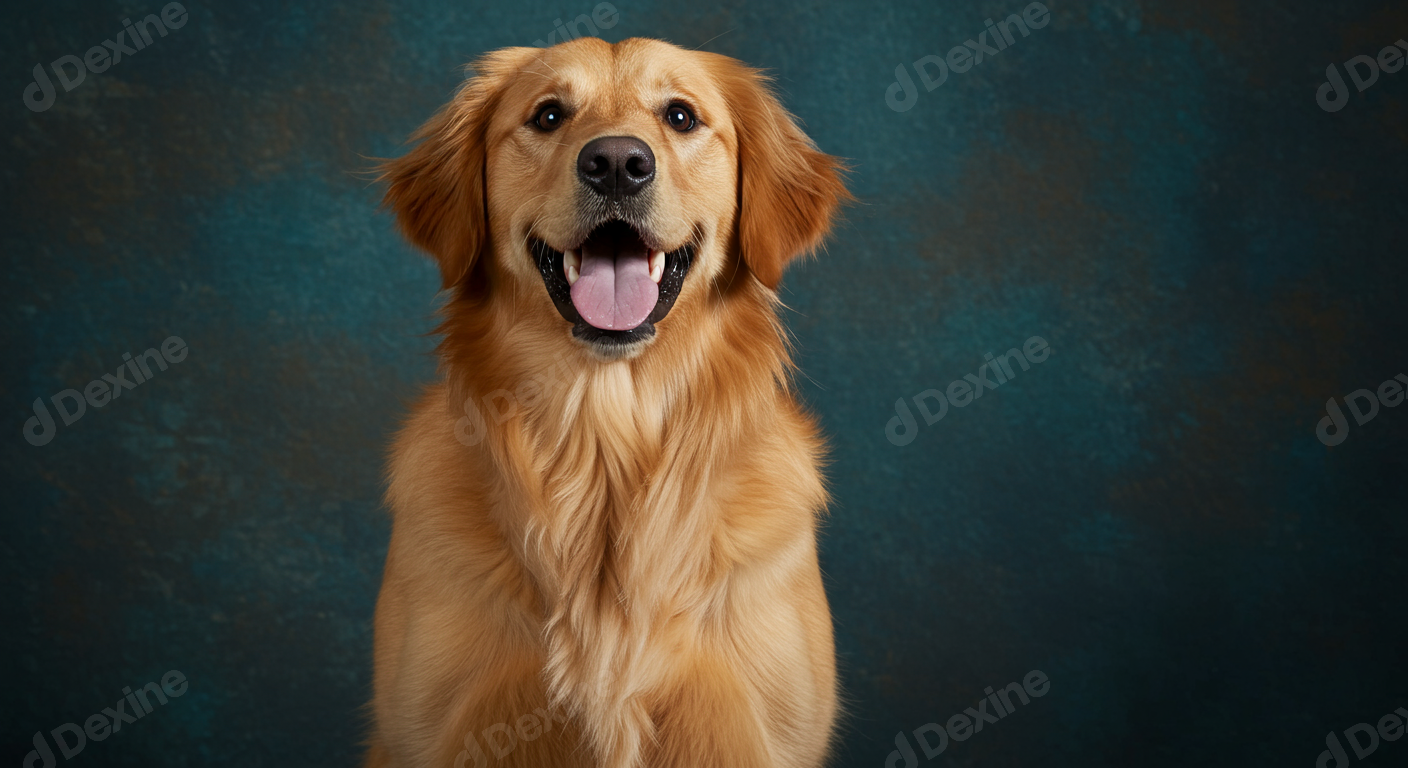 Happy Golden Retriever Dog Portrait On Dark Textured Background