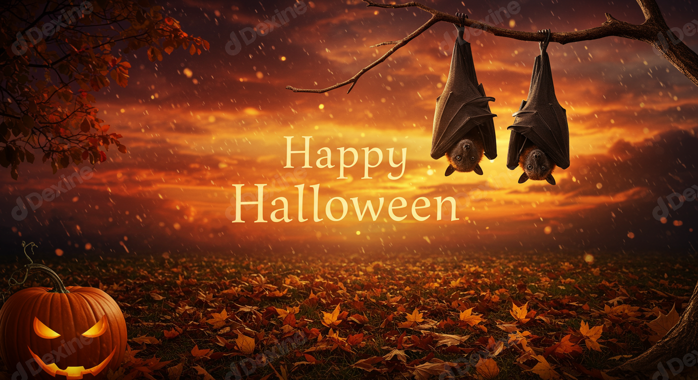 Happy Halloween Greeting With Bats And Pumpkin In Autumn Sunset