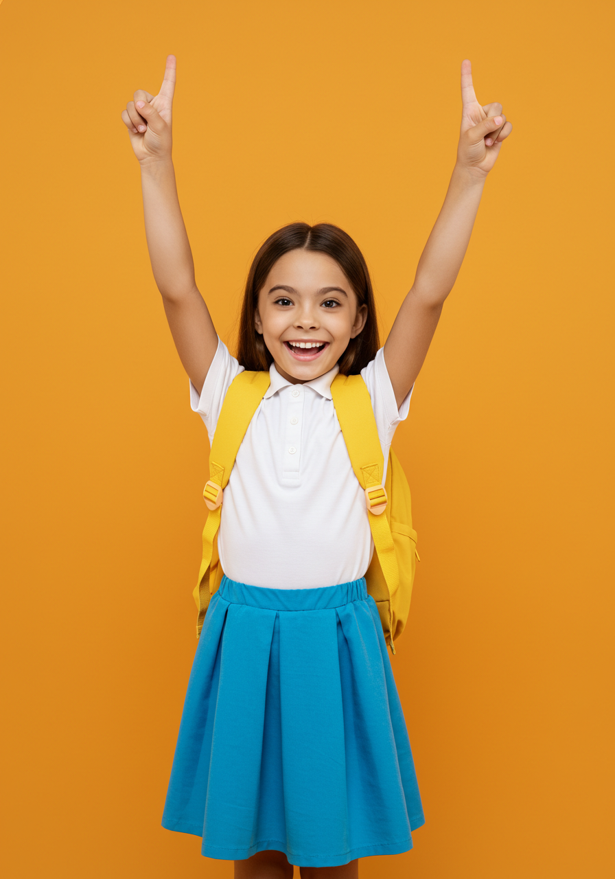 Happy Schoolgirl With Backpack Pointing Upwards Celebrating Achievement