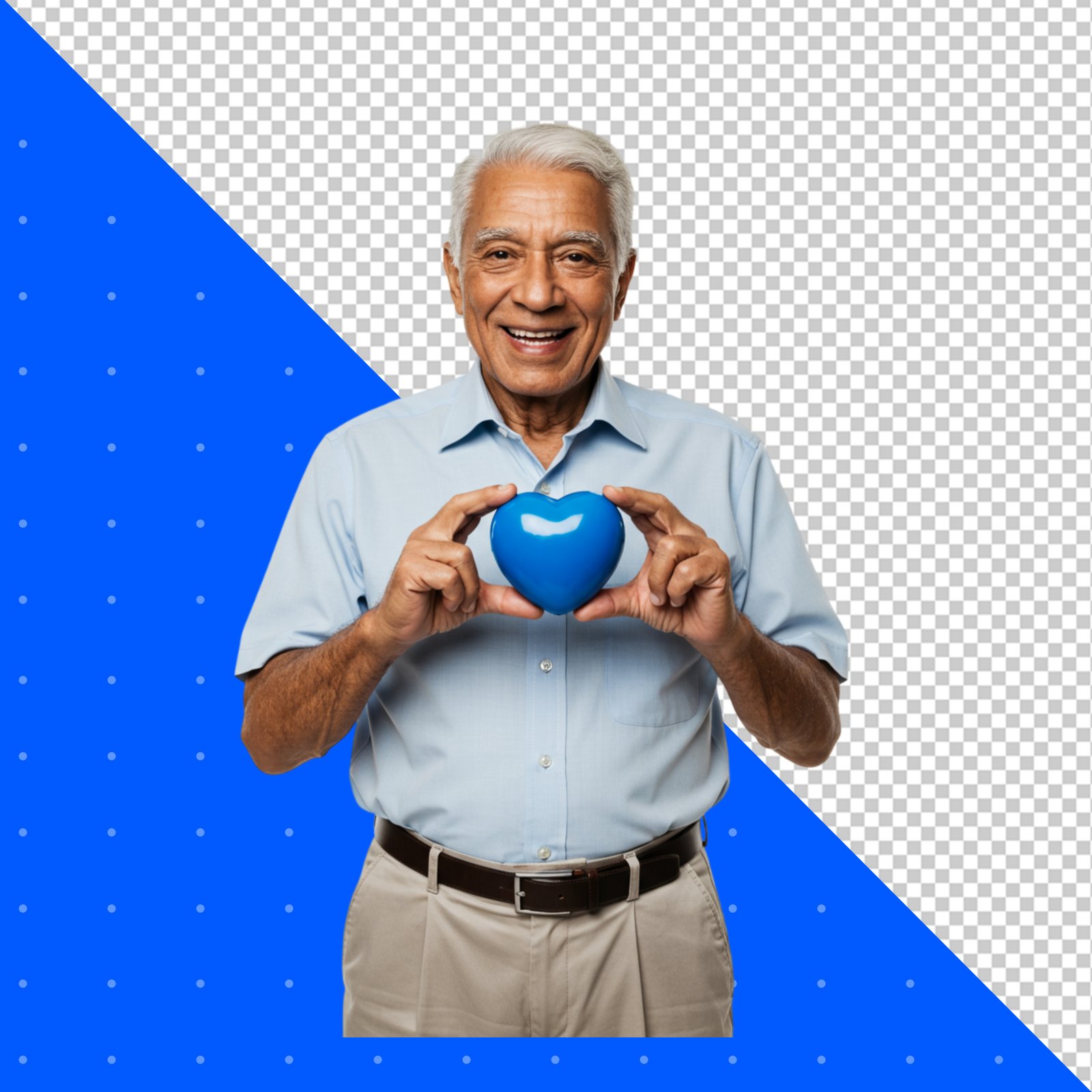 Happy Senior Man Holding Blue Heart Symbol Transparent Background PNG