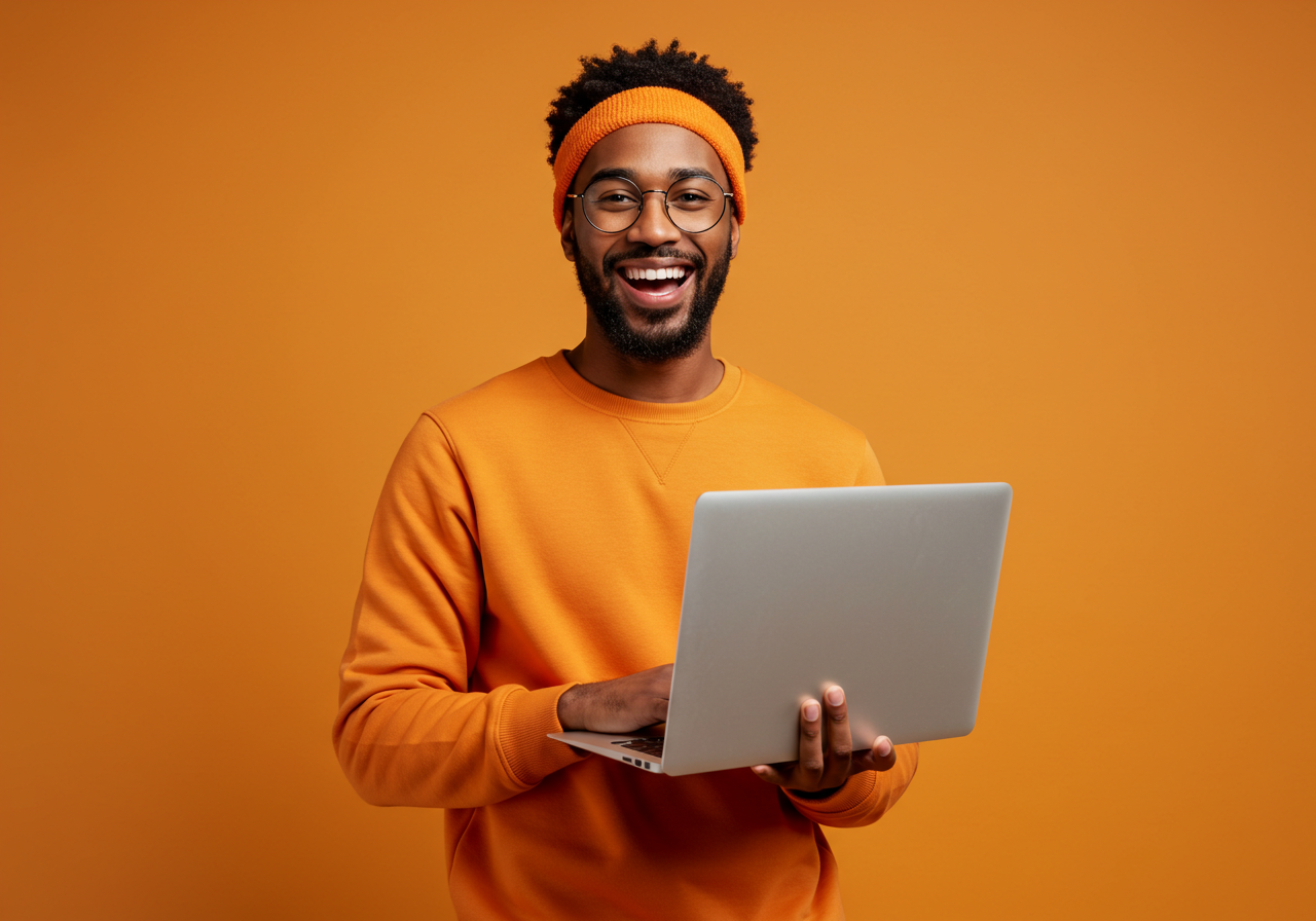 Happy Young African American Man Using Laptop On Orange Background