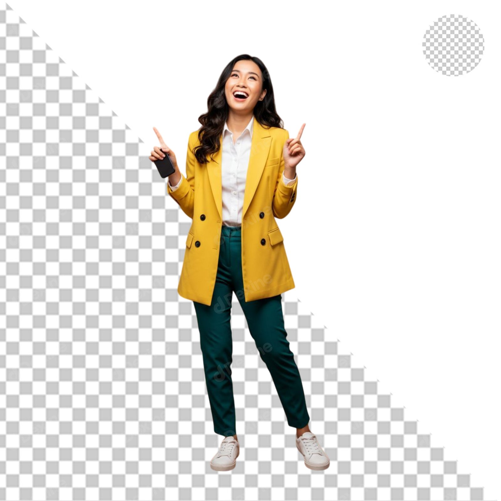Happy Young Asian Woman Pointing Upwards Holding Phone Isolated Transparent