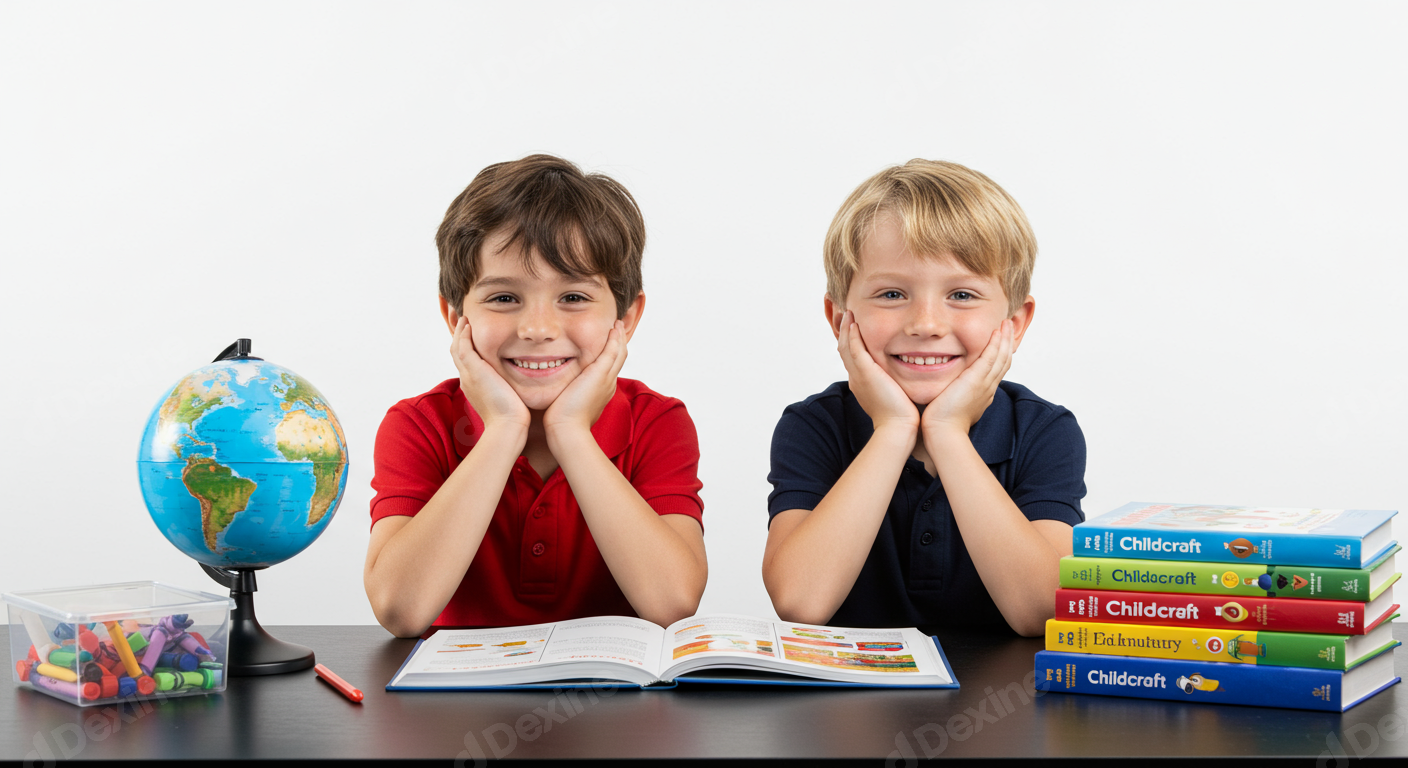 Happy Young Boys Learning Together With School Supplies