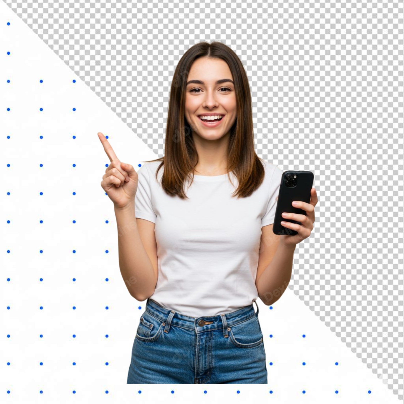 Happy Young Woman Pointing And Holding Phone Isolated On Transparent Background