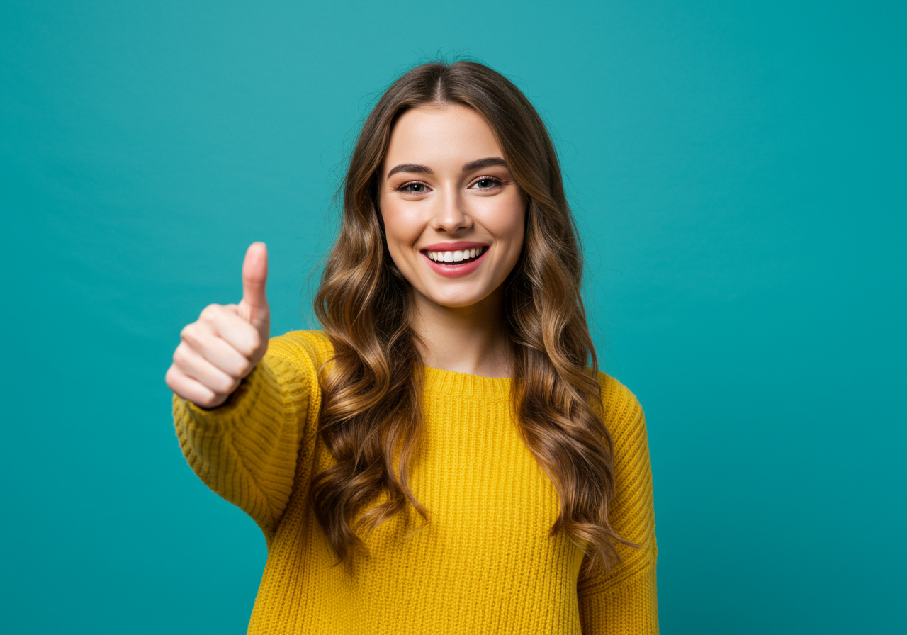 Happy Young Woman Showing Thumbs Up Gesture