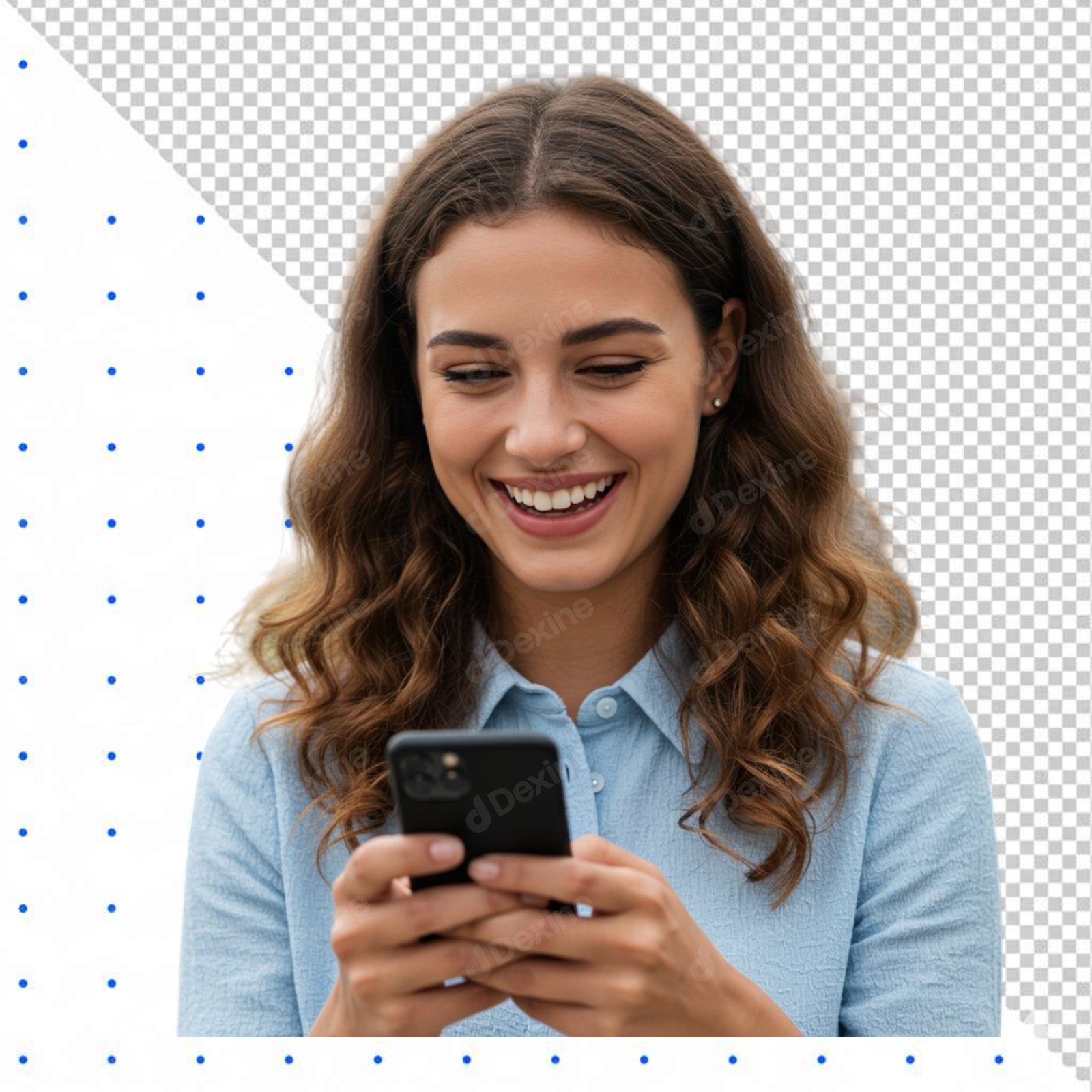 Happy Young Woman Smiling Using Smartphone Isolated PNG