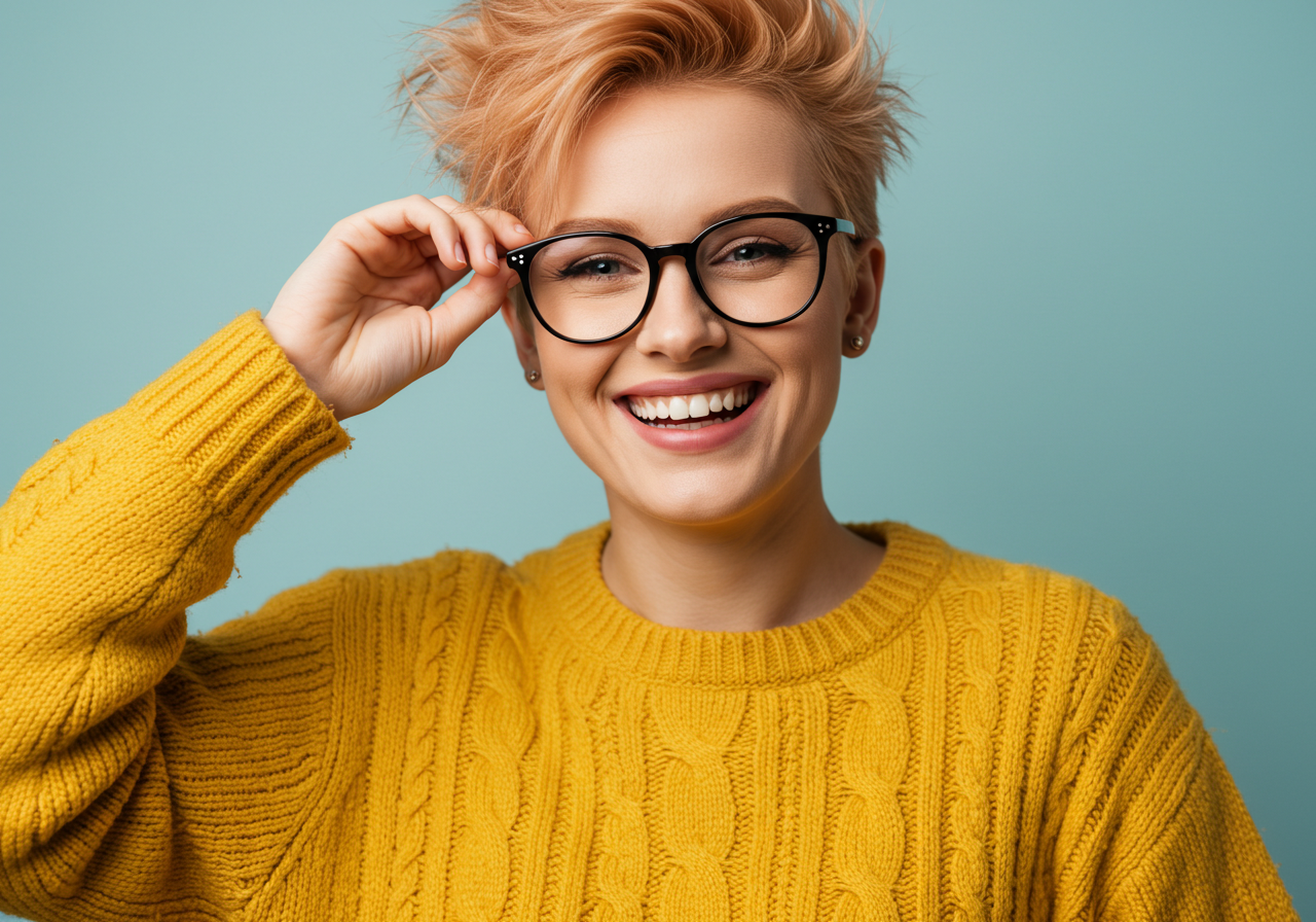 Happy Young Woman Smiling And Adjusting Eyeglasses