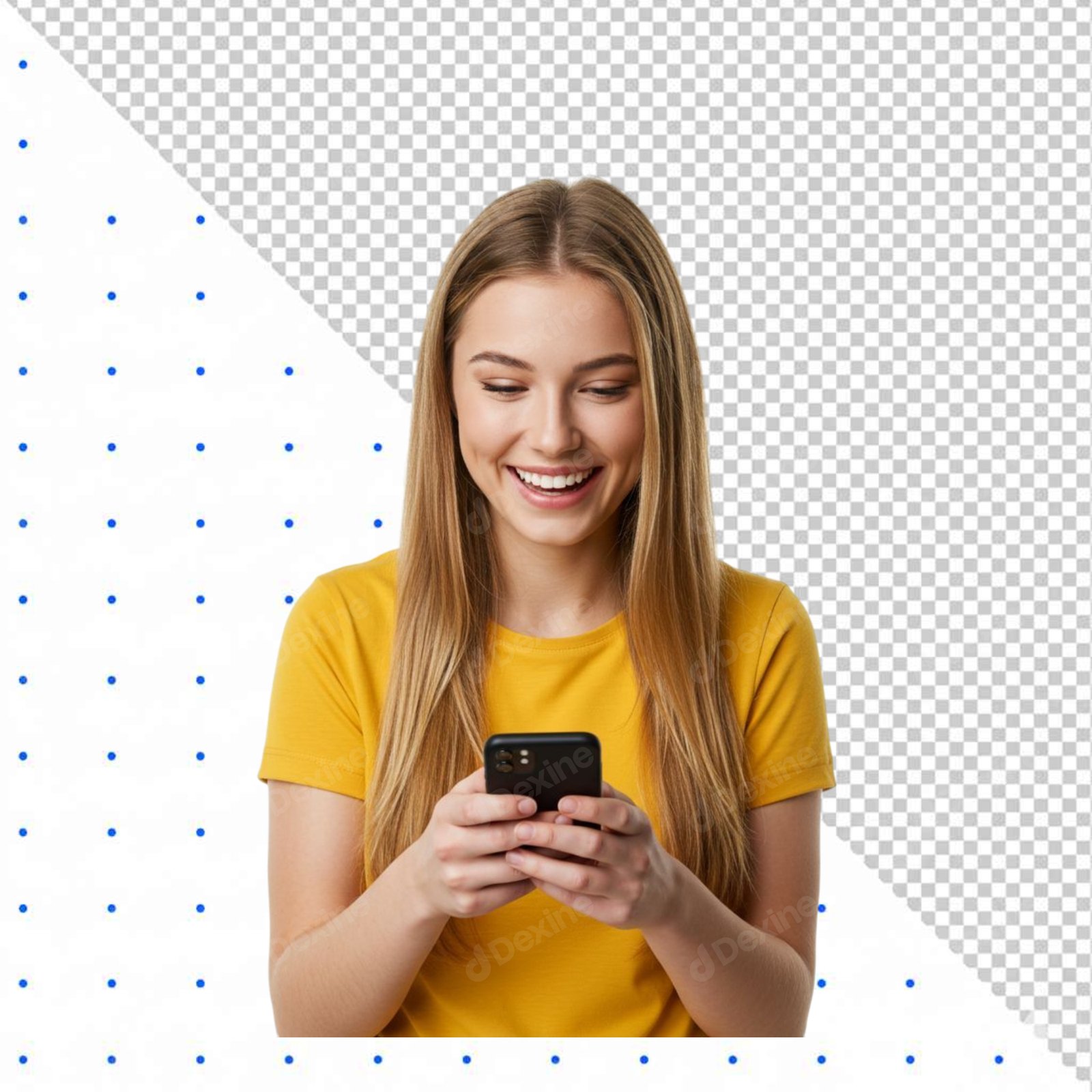 Happy Young Woman Texting On Smartphone With Transparent Background Cutout