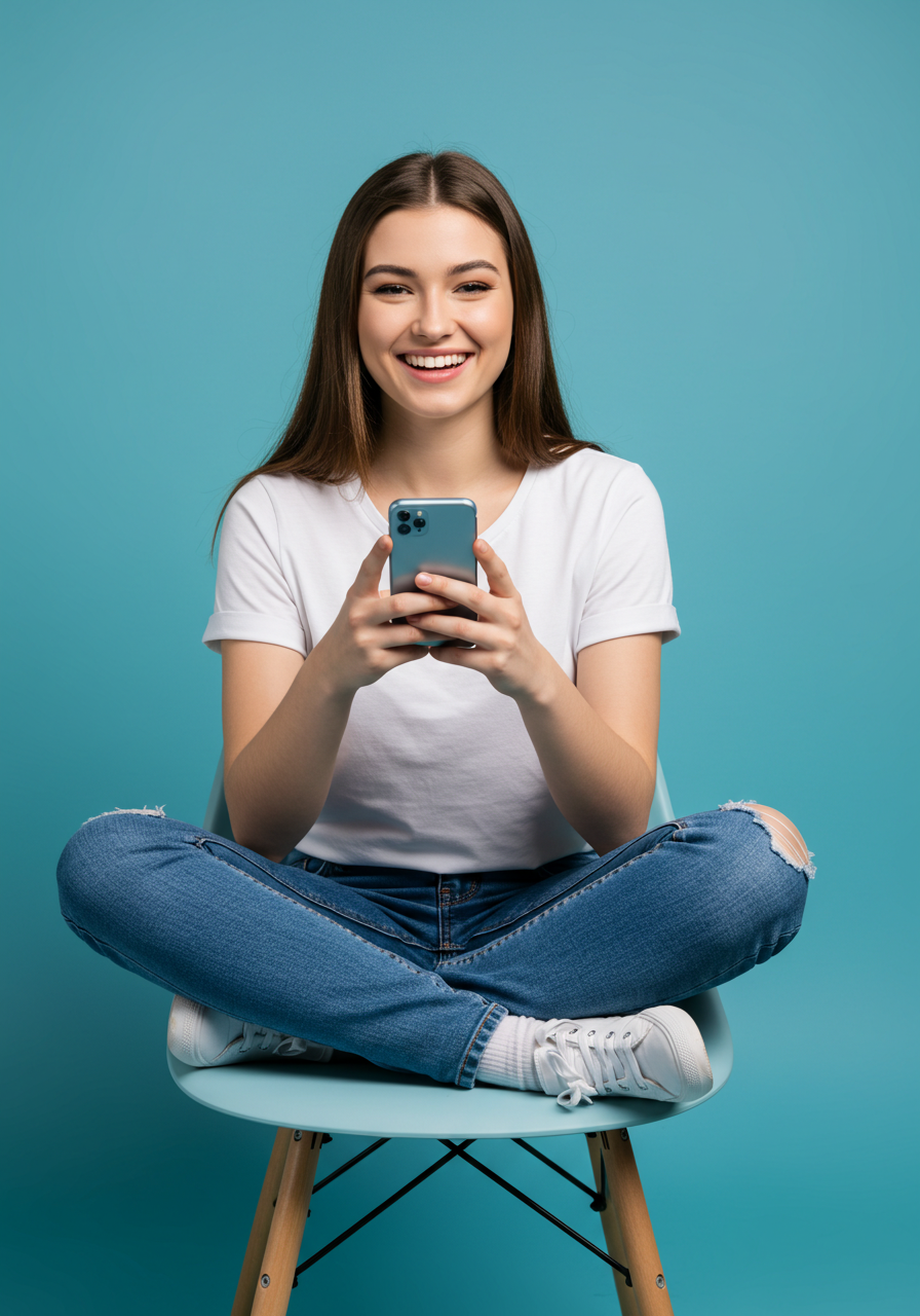 Happy Young Woman Using Smartphone With Big Smile Sitting Casually