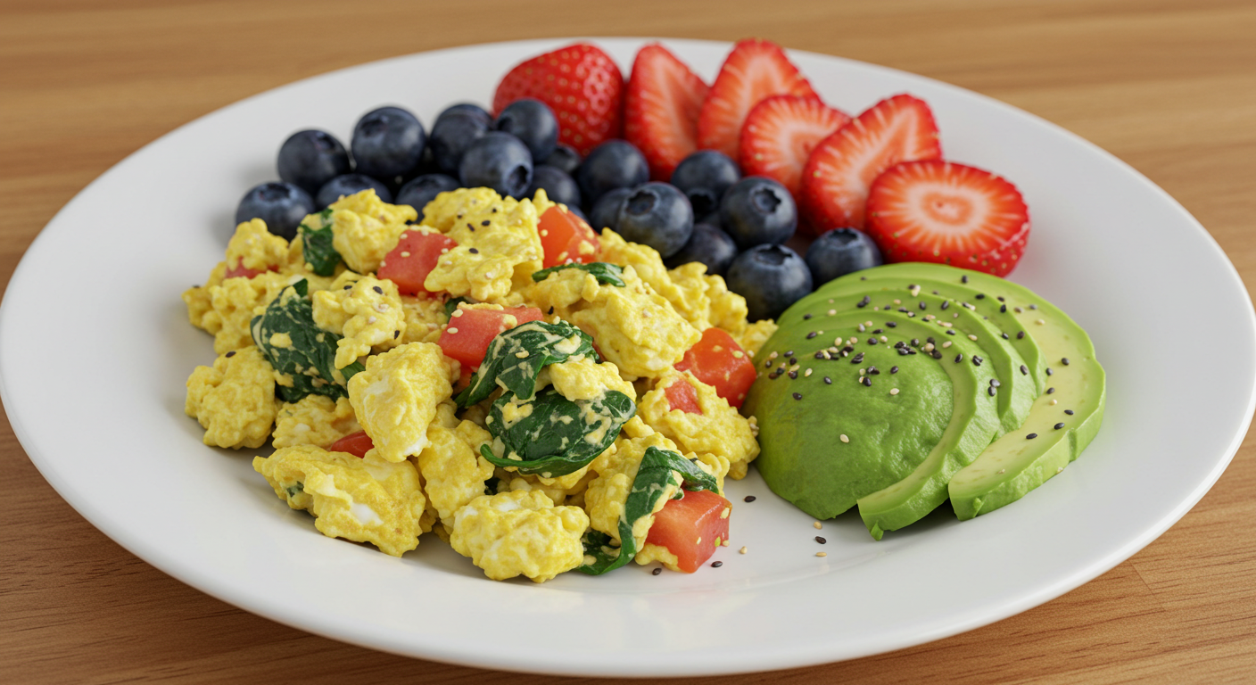 Healthy Breakfast Plate With Scrambled Eggs Avocado And Fresh Berries