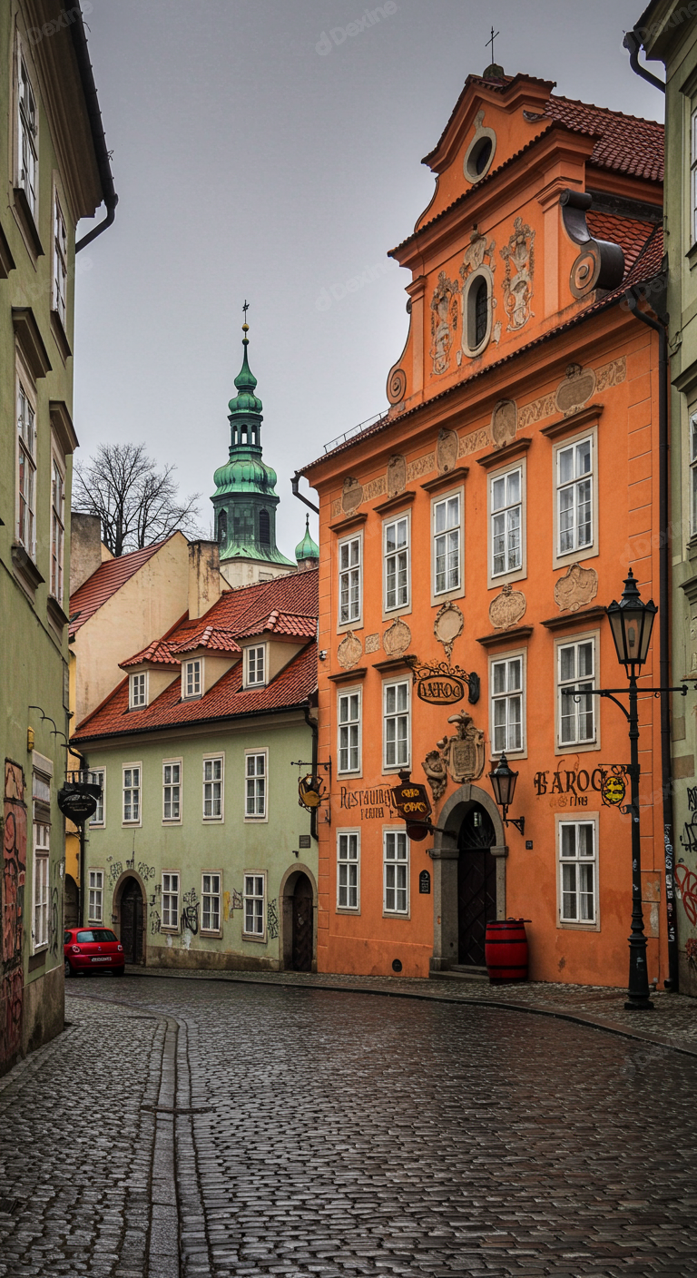 Historic Prague Cobblestone Street With Colorful Baroque Buildings