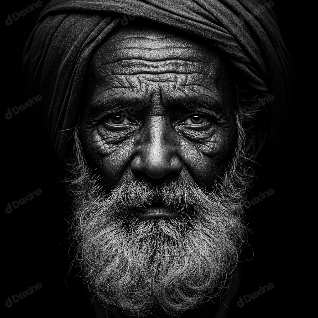 Intense Black And White Portrait Of An Elderly Man With Turban And Beard