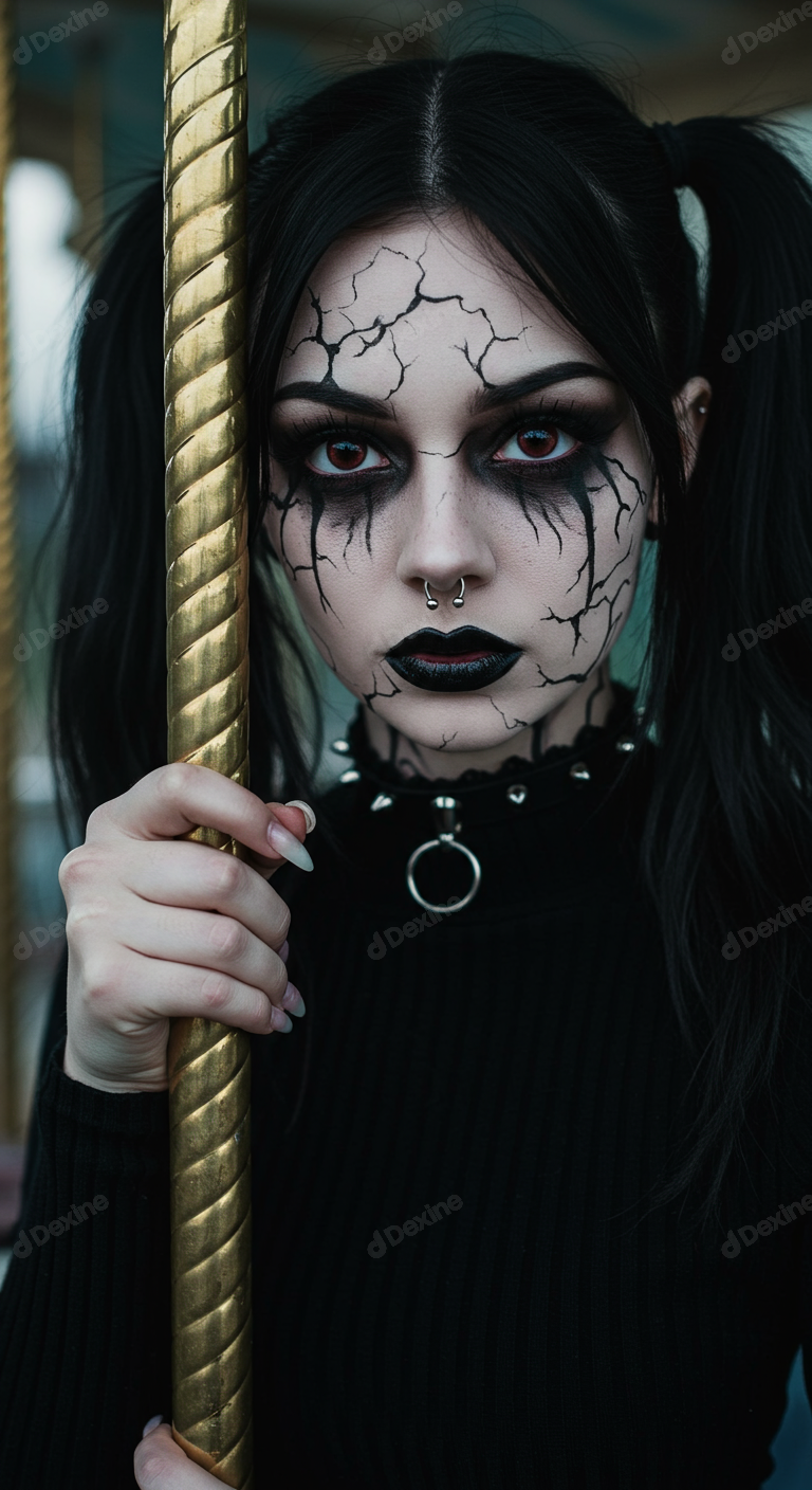 Intense Gothic Portrait With Cracked Face Makeup And Red Eyes