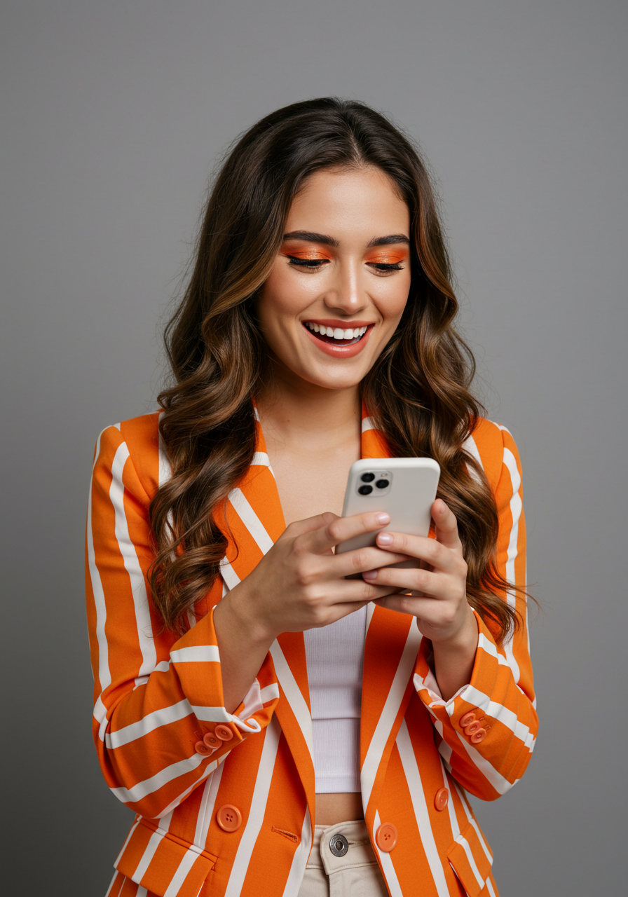 Joyful Young Woman Smiling While Using Mobile Phone