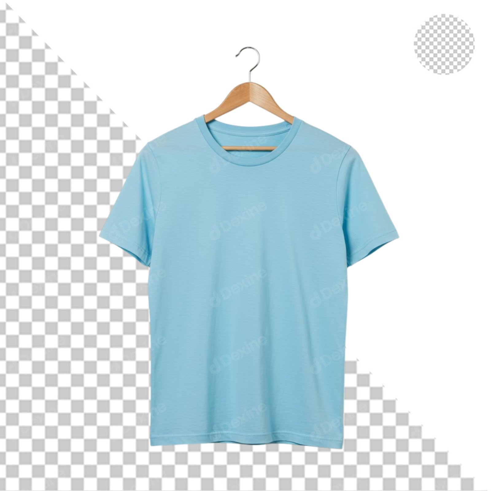 Light Blue Blank T Shirt On Wooden Hanger Isolated Transparent PNG Mockup