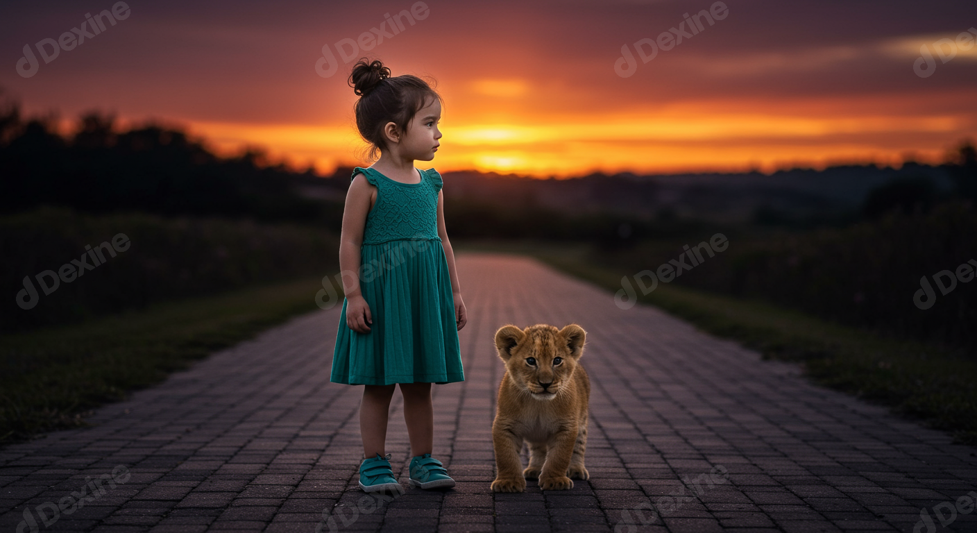 Little Girl And Lion Cub Friendship At Sunset