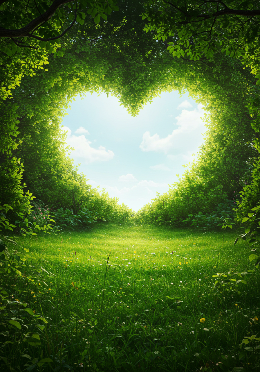 Lush Green Meadow Framed By A Heart Shaped Arch Of Trees