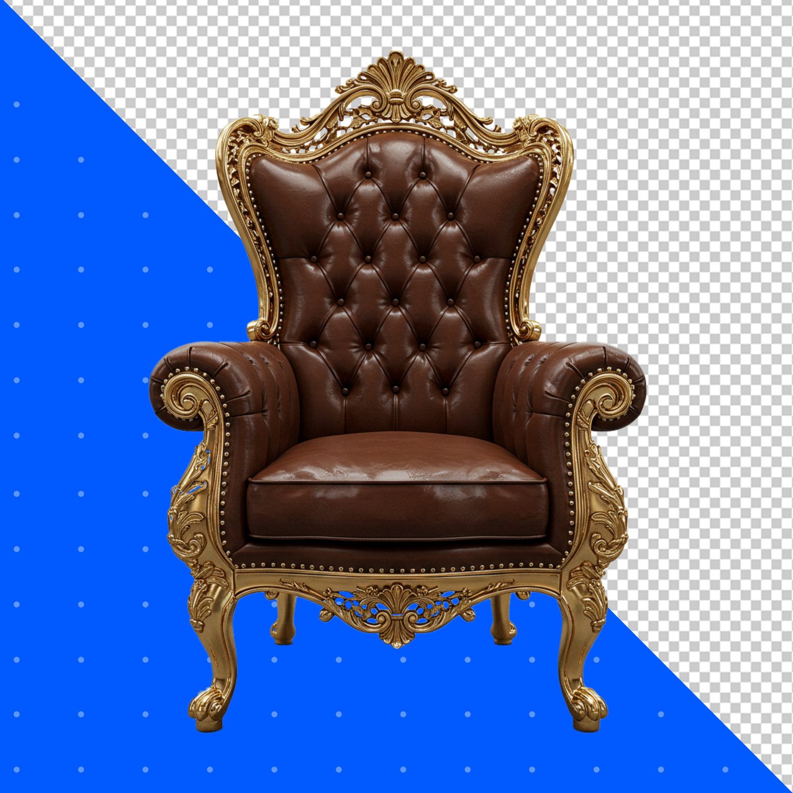 Luxurious Brown Leather Kings Throne Chair With Gold Details PNG Transparent Background